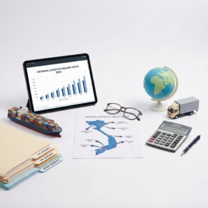 Logistics data, including maps and charts, with office supplies on a white desk.