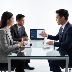 Professionals discuss HR consulting in Malaysia, with a laptop displaying growth charts.