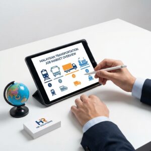 Tablet displaying Malaysian transportation job market overview with transport icons.