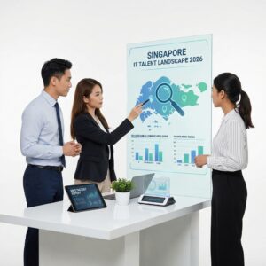 Three professionals review Singapore IT talent data on a digital display.