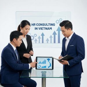Business people review HR consulting data for Vietnam on a tablet.