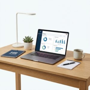 Laptop with HR dashboard, tablet, lamp, plant, coffee, and notepad on a wooden desk.