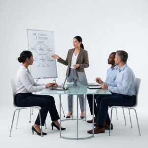 Diverse team discusses HR strategy on whiteboard in modern office.