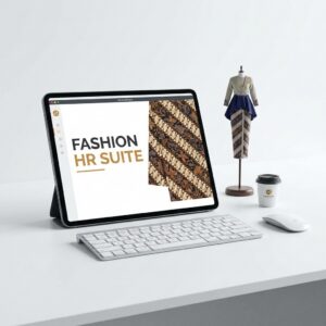 Tablet displays "Fashion HR Suite" next to batik-patterned mannequin and coffee cup.
