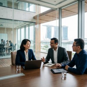 CEO headhunting Singapore - Global business leaders shaking hands in a modern boardroom