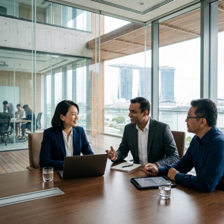 CEO headhunting Singapore - Global business leaders shaking hands in a modern boardroom