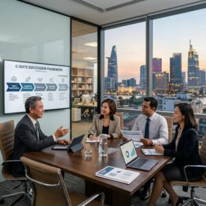 succession planning C-suite Vietnam - Diverse group of executives in a modern office looking at a strategic plan