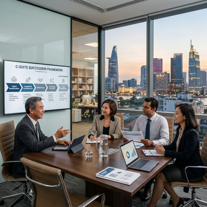succession planning C-suite Vietnam - Diverse group of executives in a modern office looking at a strategic plan