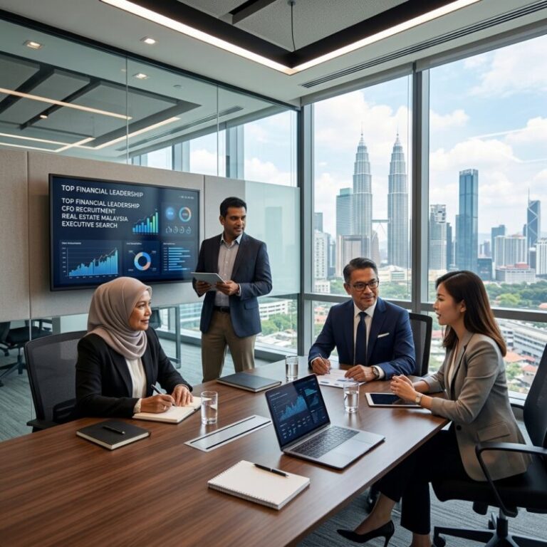 CFO recruitment real estate Malaysia - High-rise buildings in Kuala Lumpur with a professional business team overlooking the city