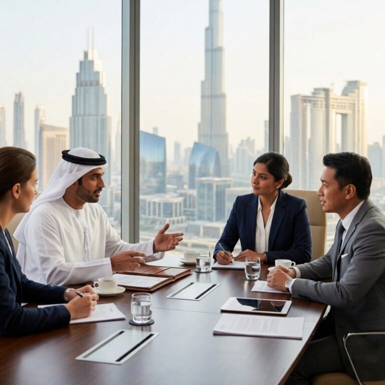 C-suite recruitment agency UAE - Global business leaders shaking hands in a modern office overlooking the Dubai skyline