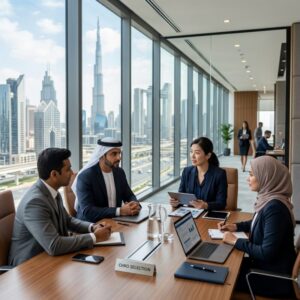 CHRO headhunting UAE - Global business leaders shaking hands in a modern office