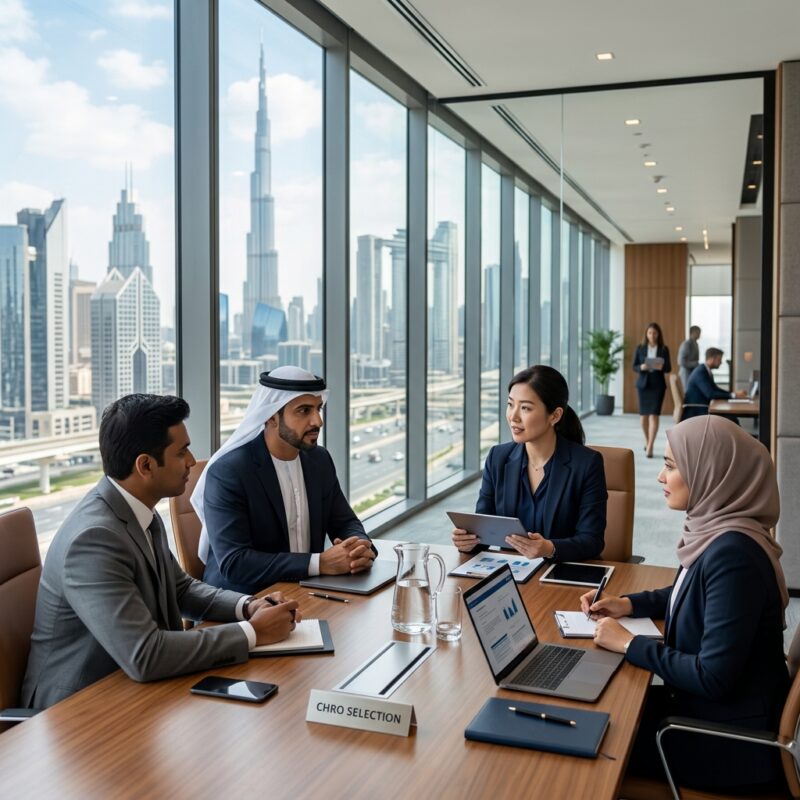 CHRO headhunting UAE - Global business leaders shaking hands in a modern office
