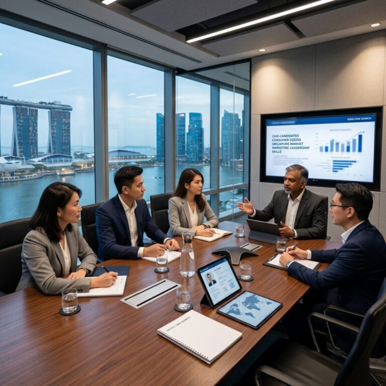 CMO search consumer goods Singapore - Diverse C-level executives collaborating in a modern office in Singapore