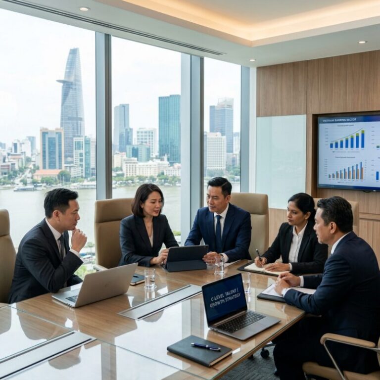 executive search banking sector Vietnam - Professionals in a modern banking office collaborating