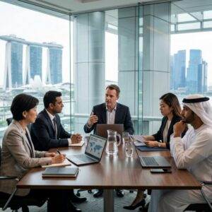 Country Manager search Southeast Asia - Diverse business professionals collaborating in a modern Southeast Asian office
