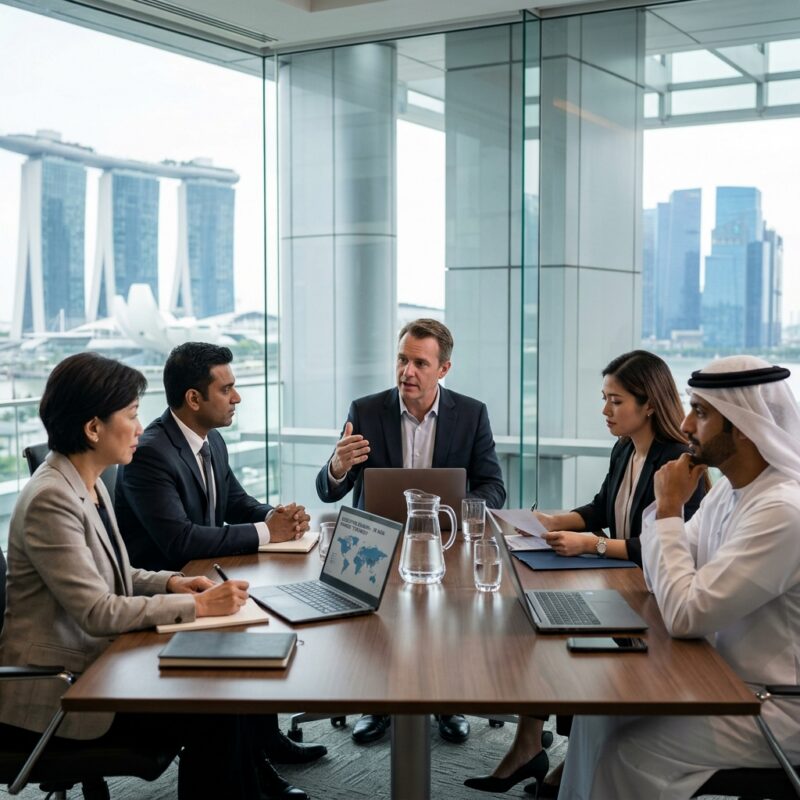 Country Manager search Southeast Asia - Diverse business professionals collaborating in a modern Southeast Asian office