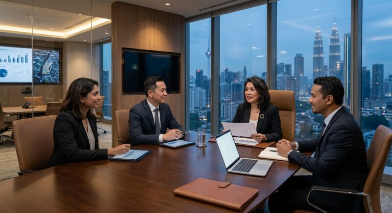 CFO recruitment real estate Malaysia - Diverse group of executives in a modern office collaborating on financial strategy