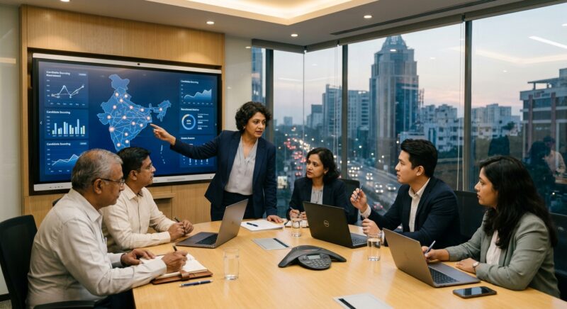 CTO executive search technology India - Diverse team of executives collaborating on a digital strategy