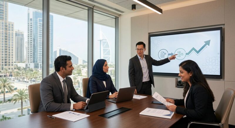 CHRO headhunting UAE - Professional team collaborating on a strategic HR document