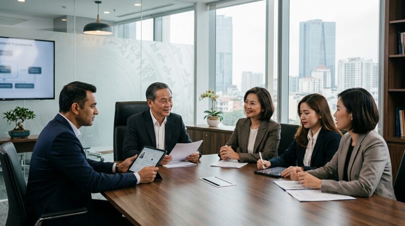 General Director recruitment Vietnam - Professional business leaders shaking hands in a modern office, symbolizing successful executive placement.