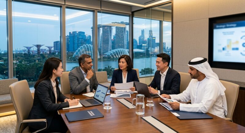 Country Manager search Southeast Asia - A global team reviewing market expansion strategies on a large screen