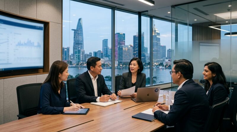 executive search firm Vietnam - Global business leaders shaking hands in a modern office