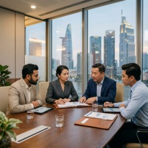 General Director search FMCG Vietnam - Executive team in a modern office looking at a city skyline