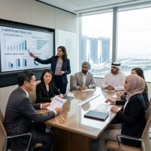 C-suite diversity hiring Asia - Diverse group of C-level executives shaking hands in a modern office in Asia