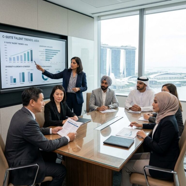 C-suite diversity hiring Asia - Diverse group of C-level executives shaking hands in a modern office in Asia