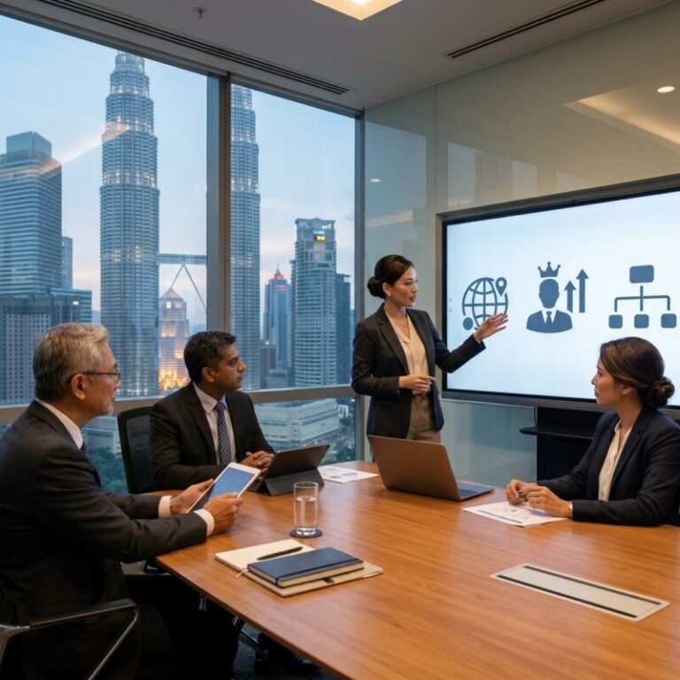 executive search education sector Malaysia - Diverse group of professional educators discussing strategy in a modern office