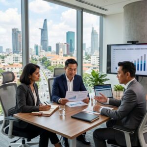 CFO headhunting insurance Vietnam - Executive business leaders shaking hands in a modern office
