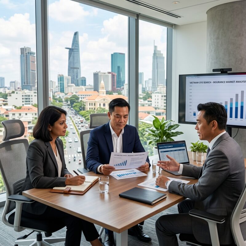 CFO headhunting insurance Vietnam - Executive business leaders shaking hands in a modern office