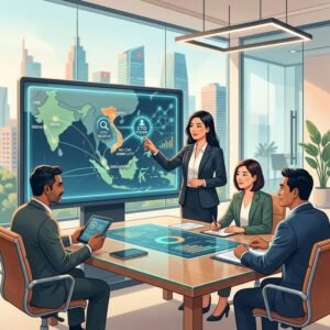 CTO search fintech Vietnam - Digital network overlaid on a map of Southeast Asia, symbolizing executive search