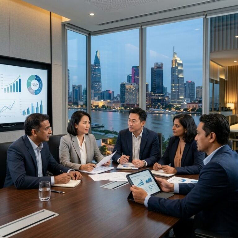 board advisor recruitment Vietnam - Diverse group of executives in a boardroom collaborating on strategic plans