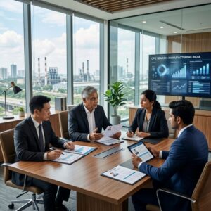 CFO search manufacturing India - A diverse group of business executives in a modern office collaborating on a financial report.