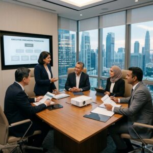 executive onboarding best practices C-suite - Business leaders shaking hands in a modern office