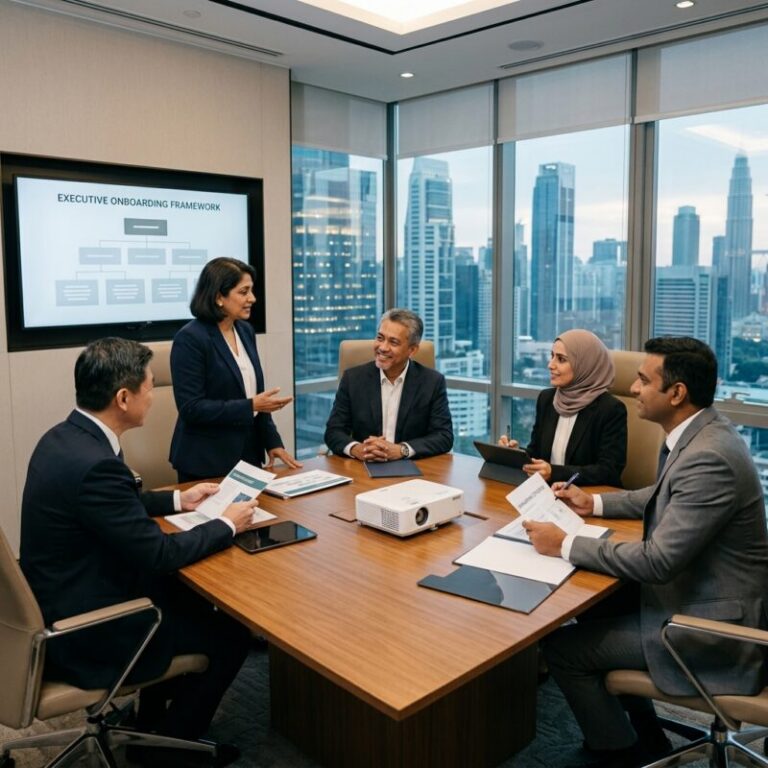 executive onboarding best practices C-suite - Business leaders shaking hands in a modern office