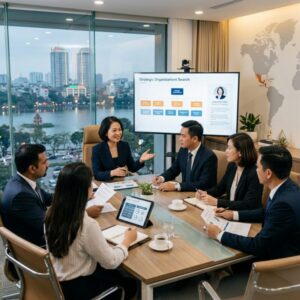 interim CEO search Vietnam - Business leaders shaking hands in a modern office overlooking a city skyline