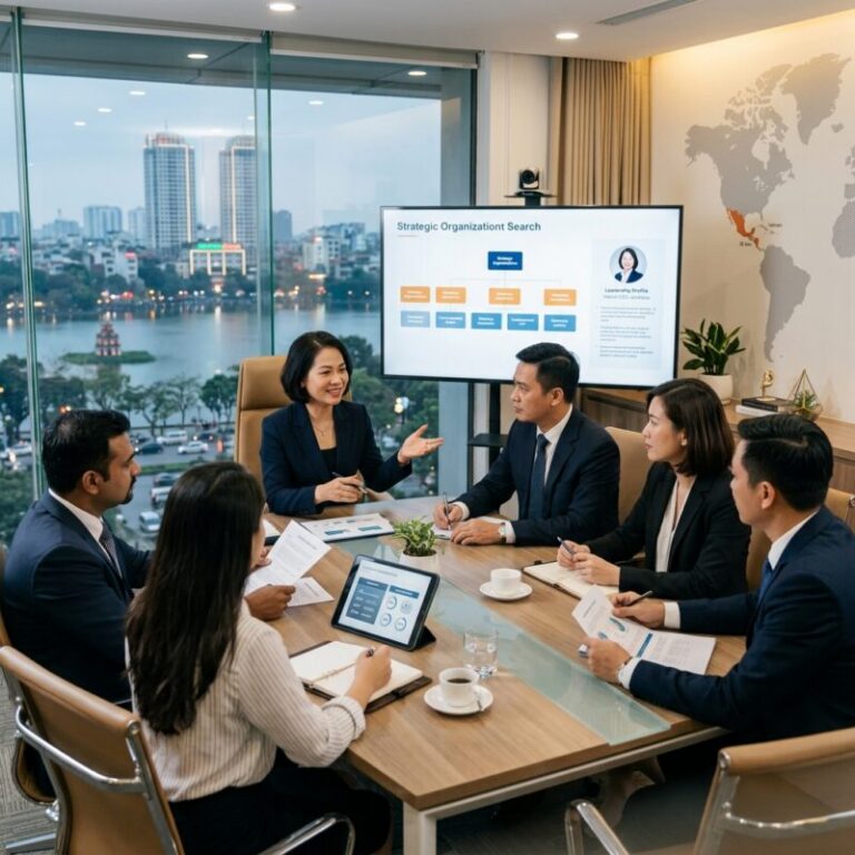 interim CEO search Vietnam - Business leaders shaking hands in a modern office overlooking a city skyline