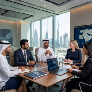 executive search energy sector UAE - High-rise buildings in Dubai reflecting sunset, symbolizing economic dynamism
