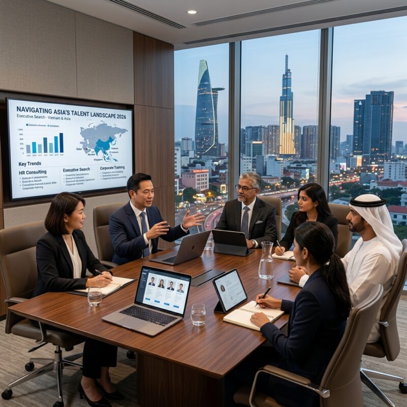 executive search firm Vietnam 2026 - Business leaders shaking hands in a modern office overlooking a bustling Vietnamese city skyline