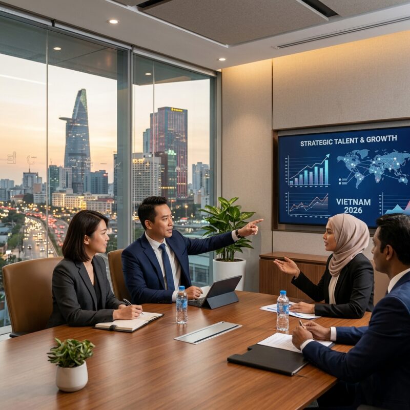 executive search firm Vietnam 2026 - Professional handshake between two business executives in a modern office overlooking a city skyline