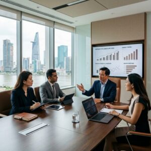 CFO recruitment Vietnam 2026 - Executive business leaders shaking hands in a modern office overlooking a city skyline