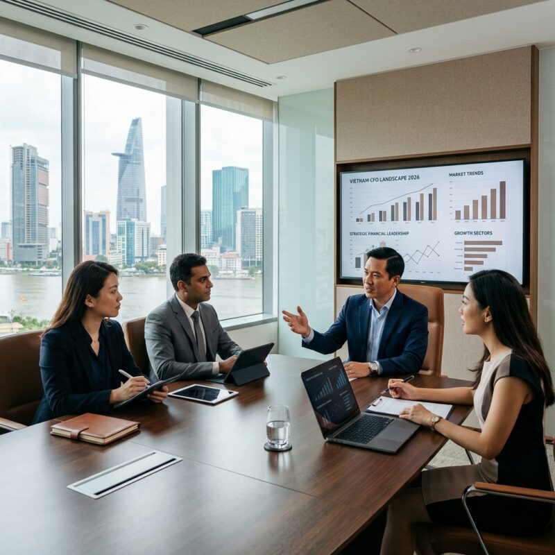 CFO recruitment Vietnam 2026 - Executive business leaders shaking hands in a modern office overlooking a city skyline