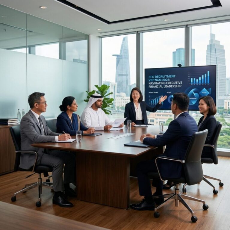 CFO recruitment Vietnam 2026 - High-level business executives in a modern office discussing financial strategy