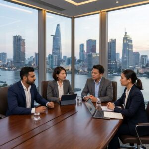 C-suite headhunting Vietnam 2026 - Boardroom meeting with executives looking at a financial report