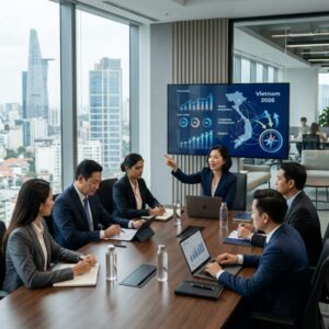 C-suite headhunting Vietnam 2026 - Diverse executive team collaborating in a modern office in Vietnam
