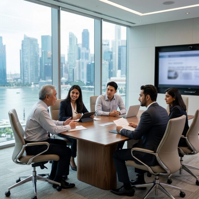 CEO search family business succession - Executive business leaders shaking hands in a modern office overlooking a city skyline