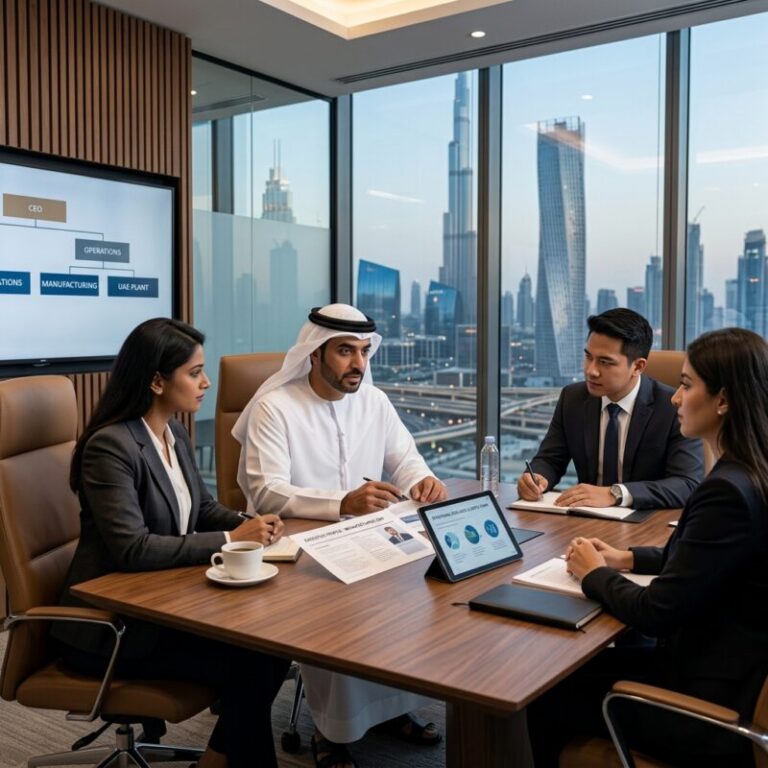 COO recruitment manufacturing UAE - High-level executives collaborating in a modern UAE manufacturing facility boardroom