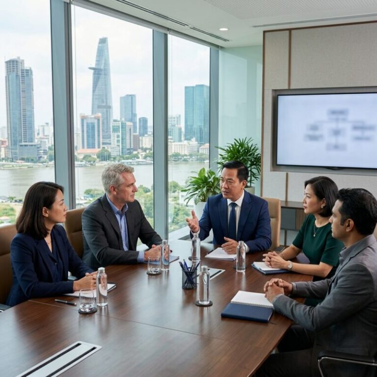 executive search F&B industry Vietnam - Diverse group of business executives in a modern office discussing strategy